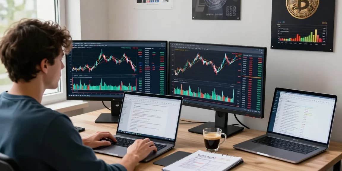 Торговец на BitMEX бирже анализирует графики криптовалют в современном офисе.