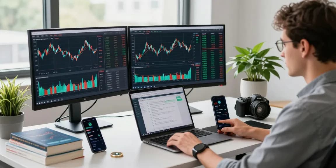 Отзывы bitmex: трейдер за рабочим местом, анализирующий рынок на нескольких мониторах.