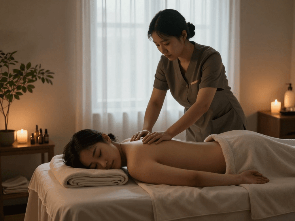 Relaxing 서울출장안마 service being offered in a tranquil home spa setting.
