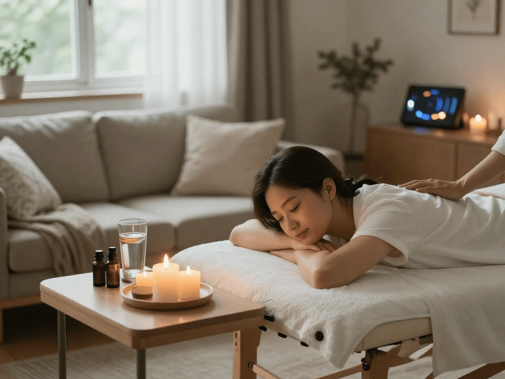 Enjoy a soothing 출장안마 experience in a cozy home environment with calming candles and aromatic oils.