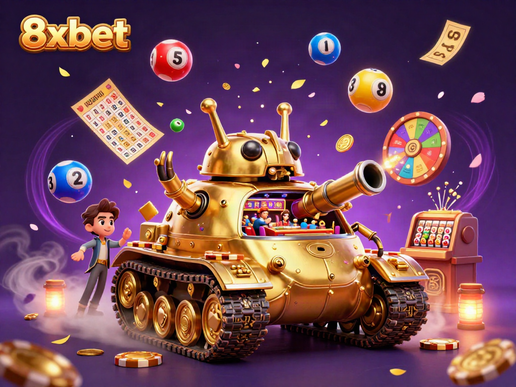 Experience dazzling fun at 8xbet with a lively cartoon casino tank and exploding lottery elements.