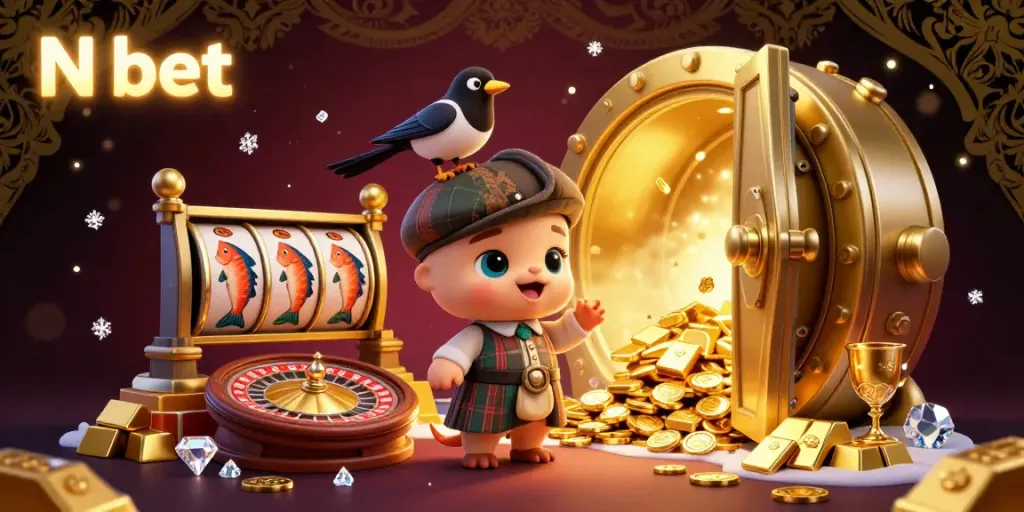 N bet features a cute Loch Ness monster with a magpie in a colorful gambling scene showcasing slot reels and treasures.
