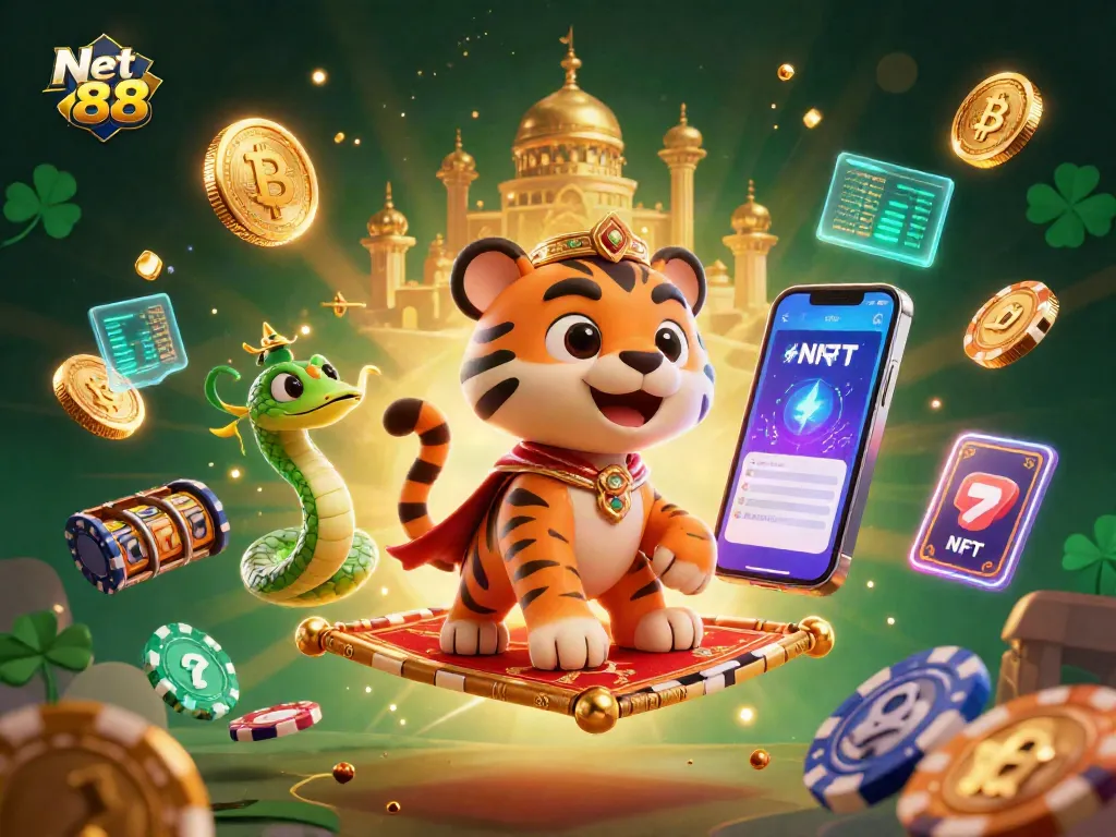 Experience thrilling gambling action at Net 88 with a dazzling 3D scene of a tiger sultan and casino elements.