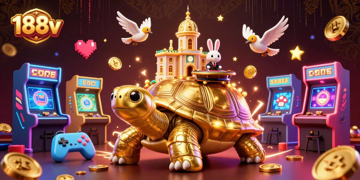 Play at 188v with a golden tortoise casino, featuring vibrant gaming elements and a rabbit dealer.