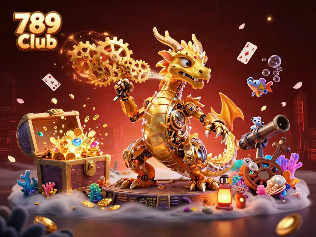 Immerse in 789 Club's vibrant casino atmosphere with golden dragon and underwater treasures.