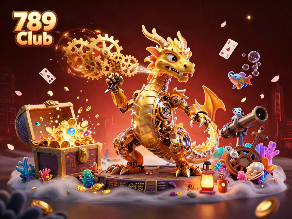 Immerse in 789 Club's vibrant casino atmosphere with golden dragon and underwater treasures.