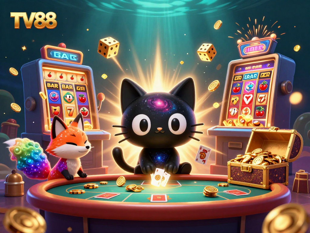 Experience the excitement of TV88 with a captivating cosmic casino illustration featuring enchanting characters and games.