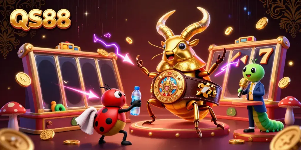 Experience vibrant gameplay at QS88 with a golden stag beetle and casino elements.