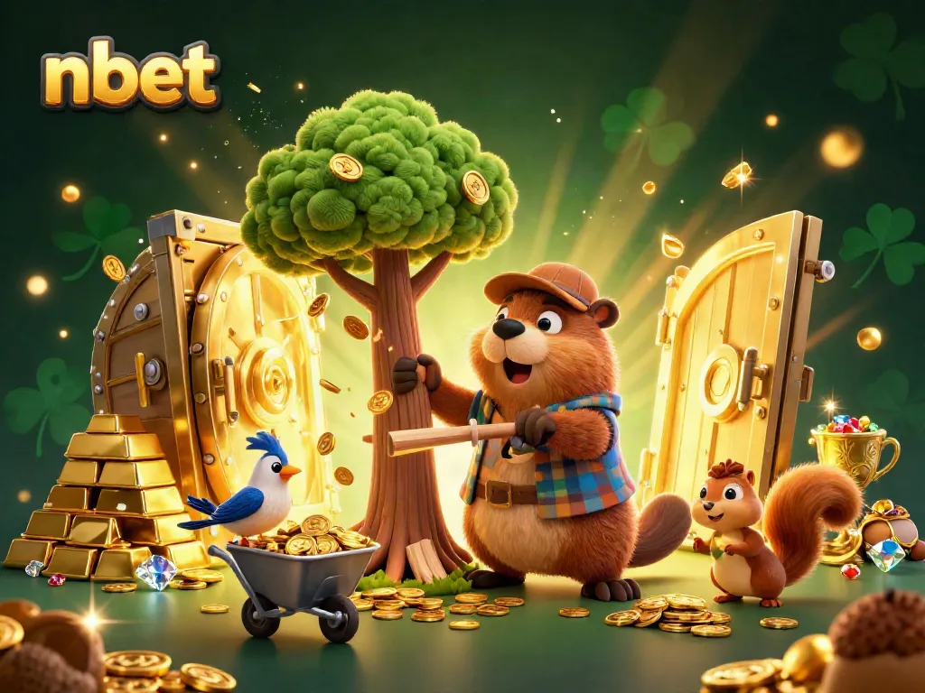 Experience the excitement of nbet with a vibrant 3D casino scene featuring a whimsical beaver, coins, and gems.