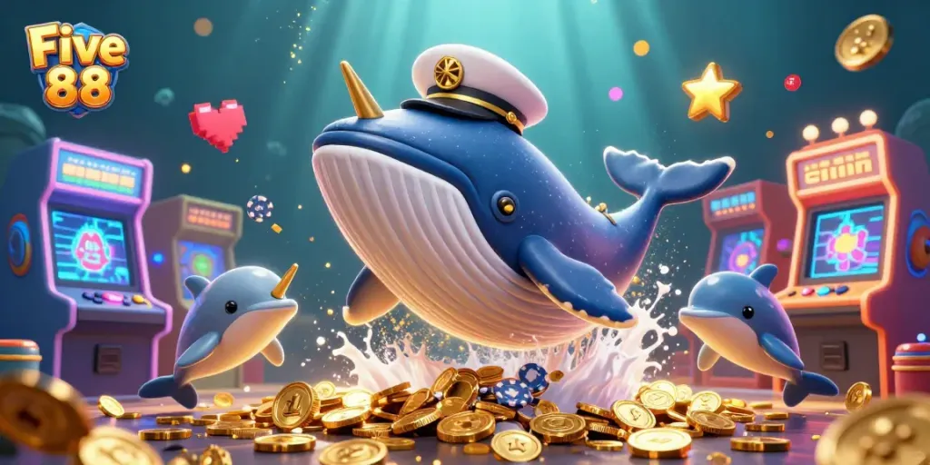 Experience the underwater adventure of Five 88 as playful dolphins toss poker chips among vibrant game machines.