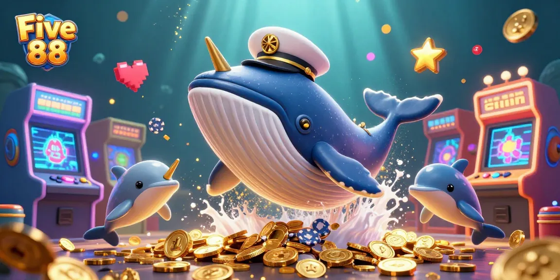 Experience the underwater adventure of Five 88 as playful dolphins toss poker chips among vibrant game machines.