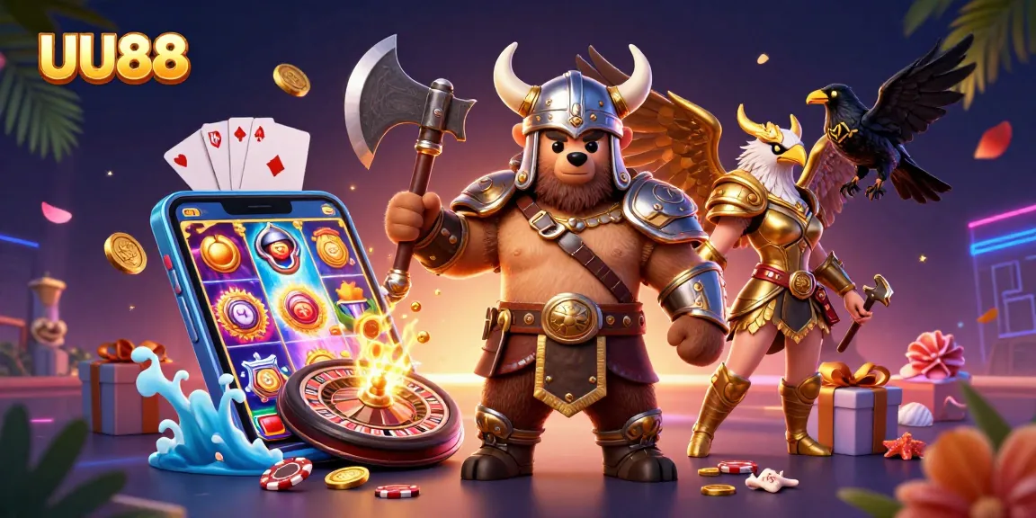 Engage exciting games at UU88 with a Viking berserker and eagle, winning dynamic action!