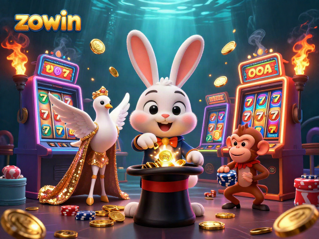 Zowin showcases a lively casino scene with a magician rabbit, a glamorous dove, and a playful monkey amidst slot machines and golden coins.