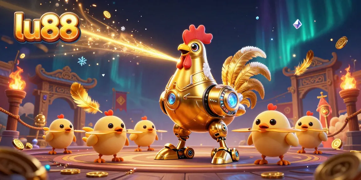 Experience thrilling gaming with lu88's golden rooster robot and baby chick drones amidst a dynamic casino scene.