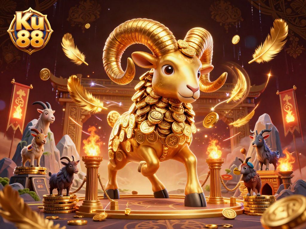 Bet on Ku 88 with a thrilling illustration of a golden ram charging towards victory amidst vibrant casino elements.