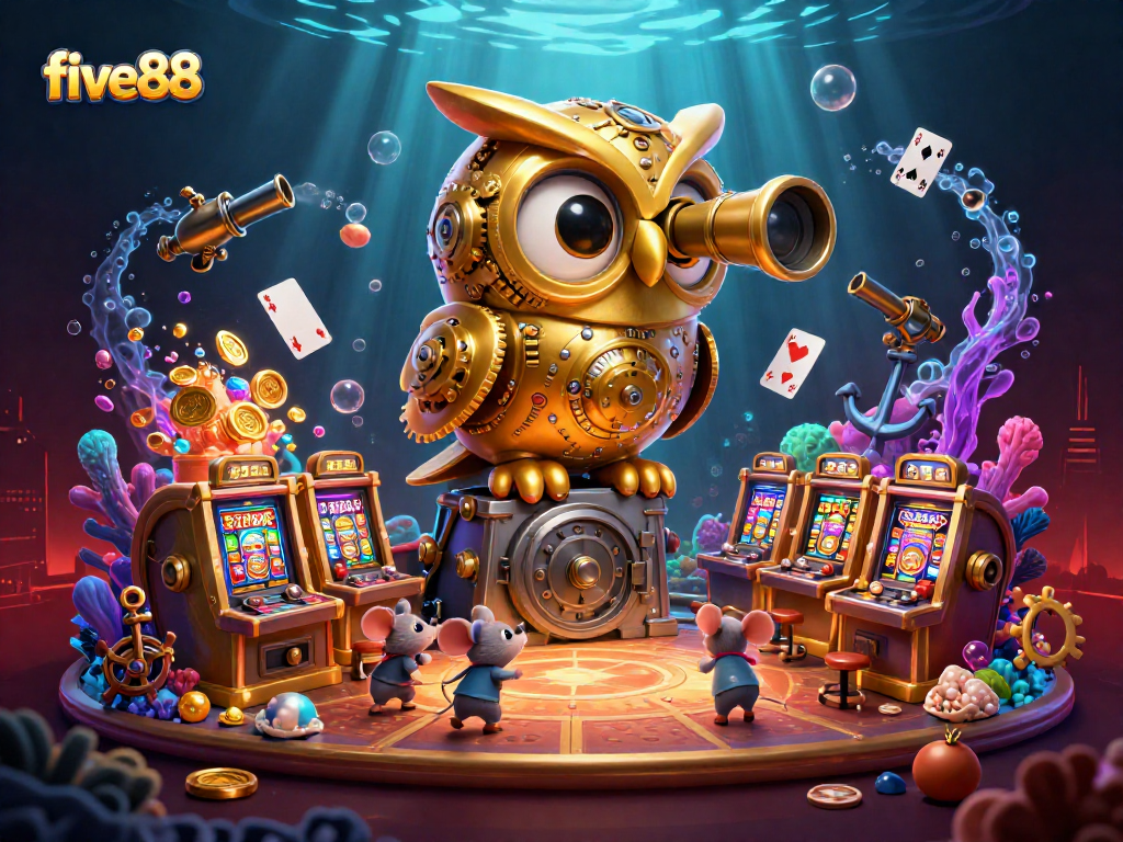 Experience the excitement of five88 with a vibrant 3D casino scene featuring an owl, gold coins, and playful mice.