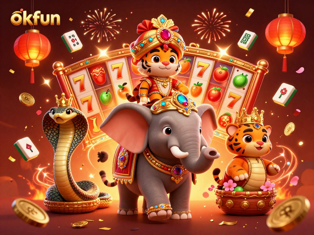 Play exciting games at okfun with an energetic 3D casino scene featuring vibrant gaming elements.