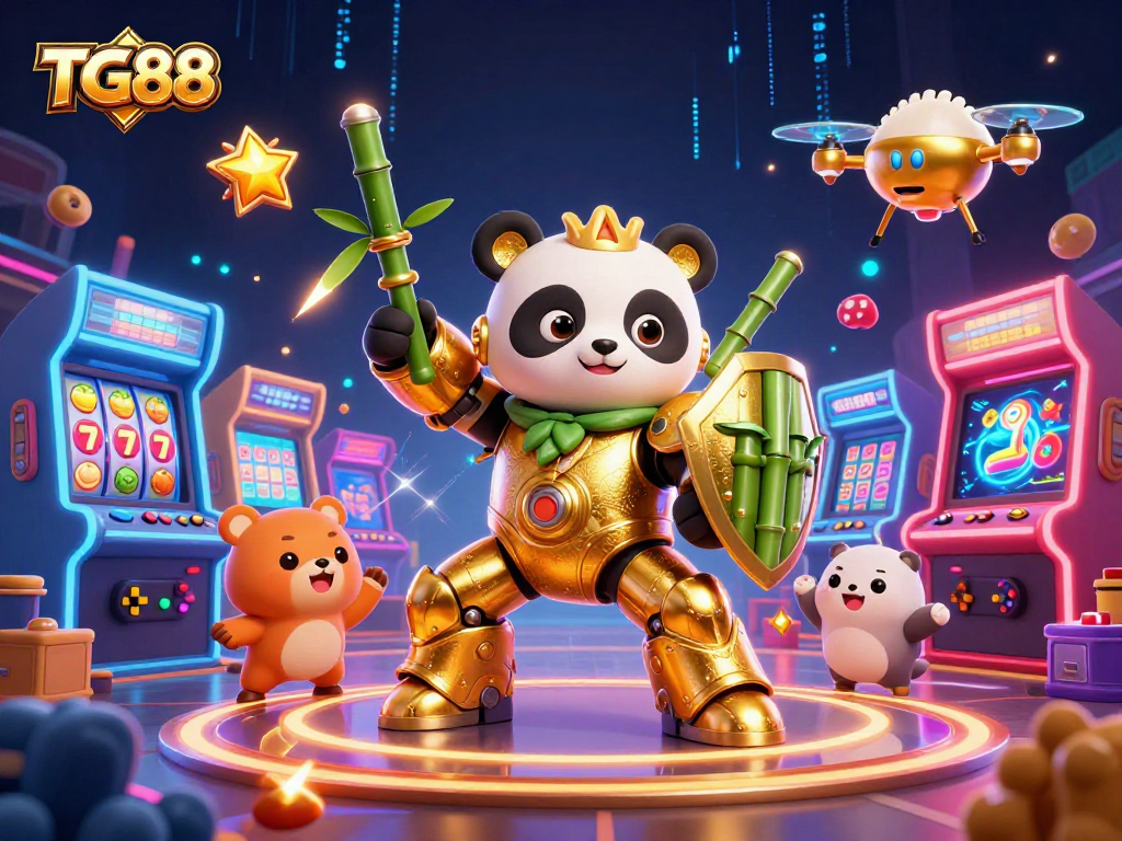 Experience thrilling gaming action with TG88's vibrant casino-themed illustration featuring a golden panda.