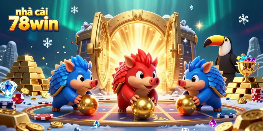 Engage with vibrant 3D casino action featuring nhà cái 78win's unique characters and golden treasures in a playful scene.