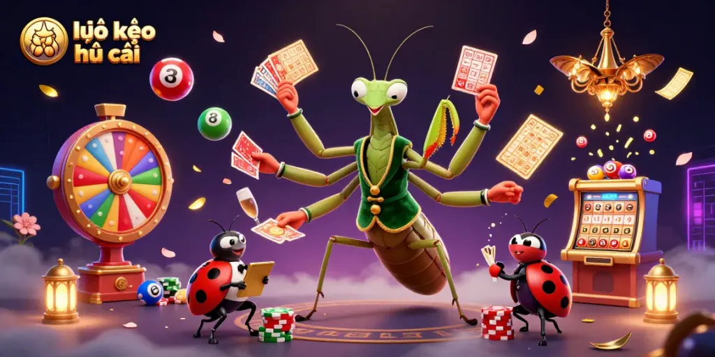 Experience the excitement of tỷ lệ kèo nhà cái as a giant praying mantis sharp shuffles cards and pours champagne.