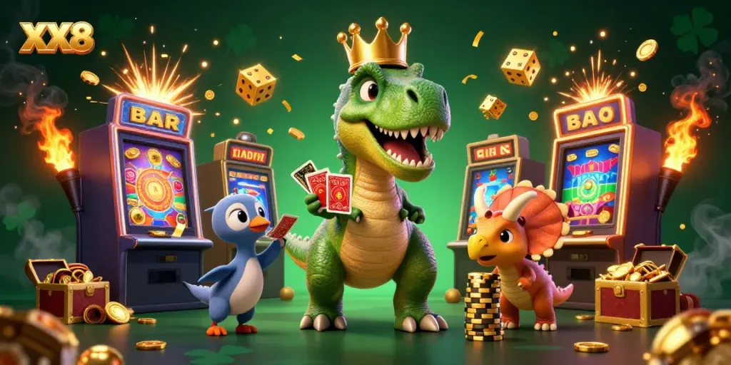 Engaging scene of XX8, featuring a T-Rex shuffling cards and characters amid dynamic casino elements.