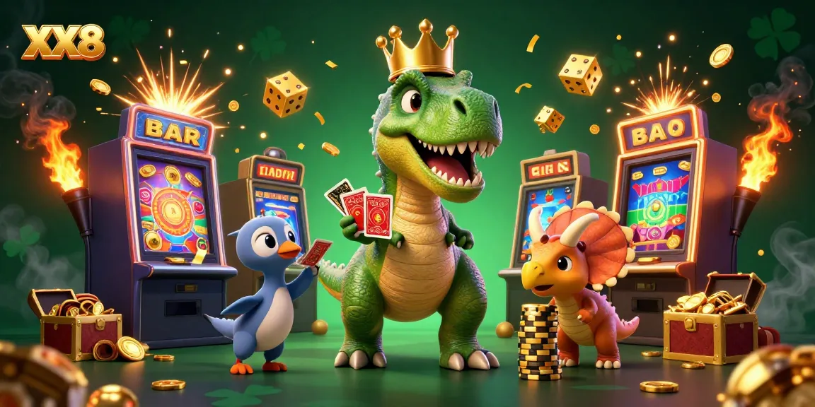 Engaging scene of XX8, featuring a T-Rex shuffling cards and characters amid dynamic casino elements.