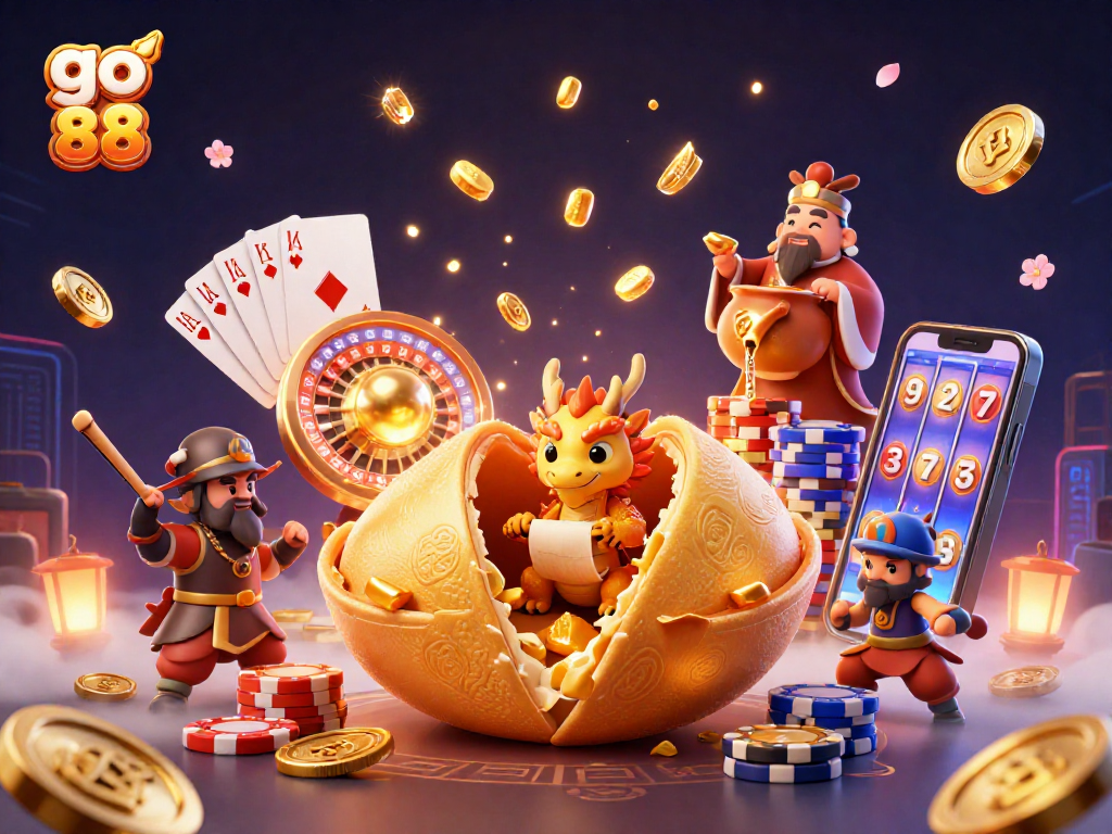 Engage with go 88's vibrant gaming adventure featuring a golden fortune cookie and dynamic casino elements.