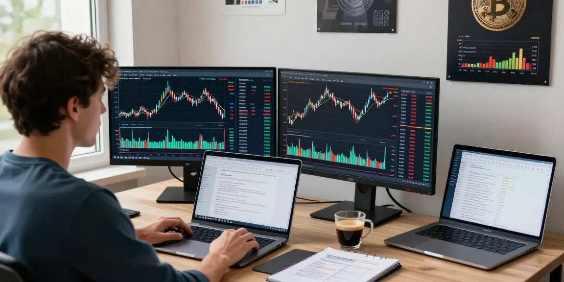Торговец на BitMEX бирже анализирует графики криптовалют в современном офисе.