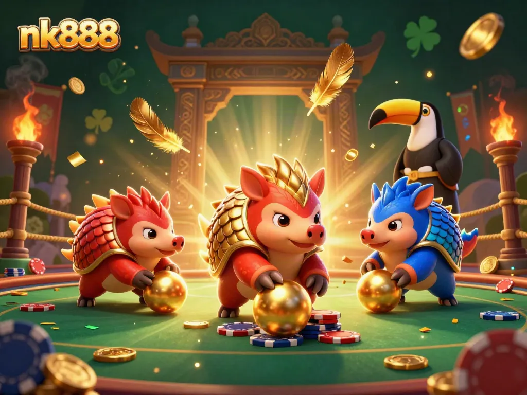Experience exciting gameplay with nk888 in this dynamic casino scene featuring rival pangolins and a festive atmosphere.
