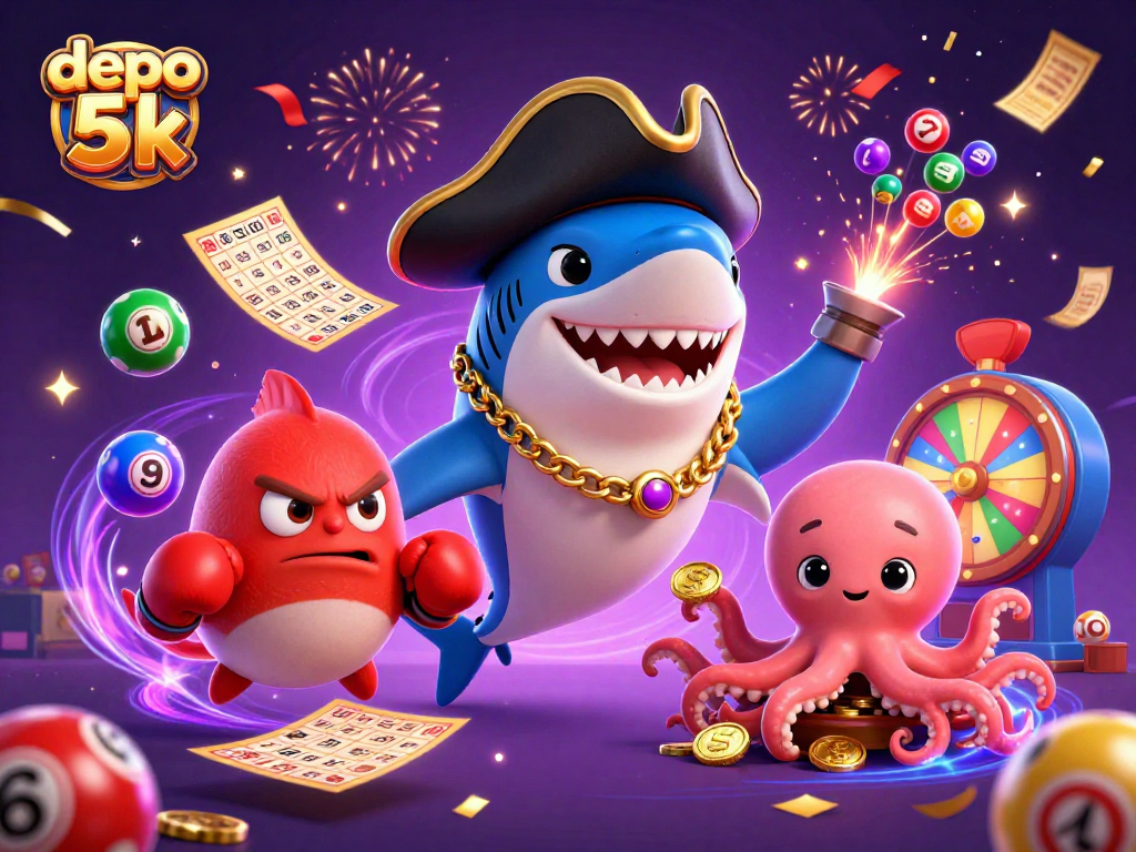 Experience the thrill of depo 5k as a cartoon pirate shark and friends dive into lottery excitement!