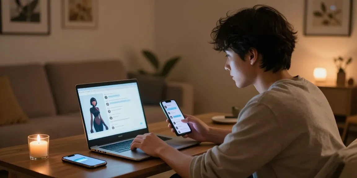 Engaging with sex AI in a cozy virtual environment, fostering intimate conversation.