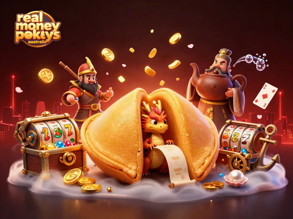 Spin real money pokies Australia with an enchanting illustration of a golden fortune cookie and dragon.