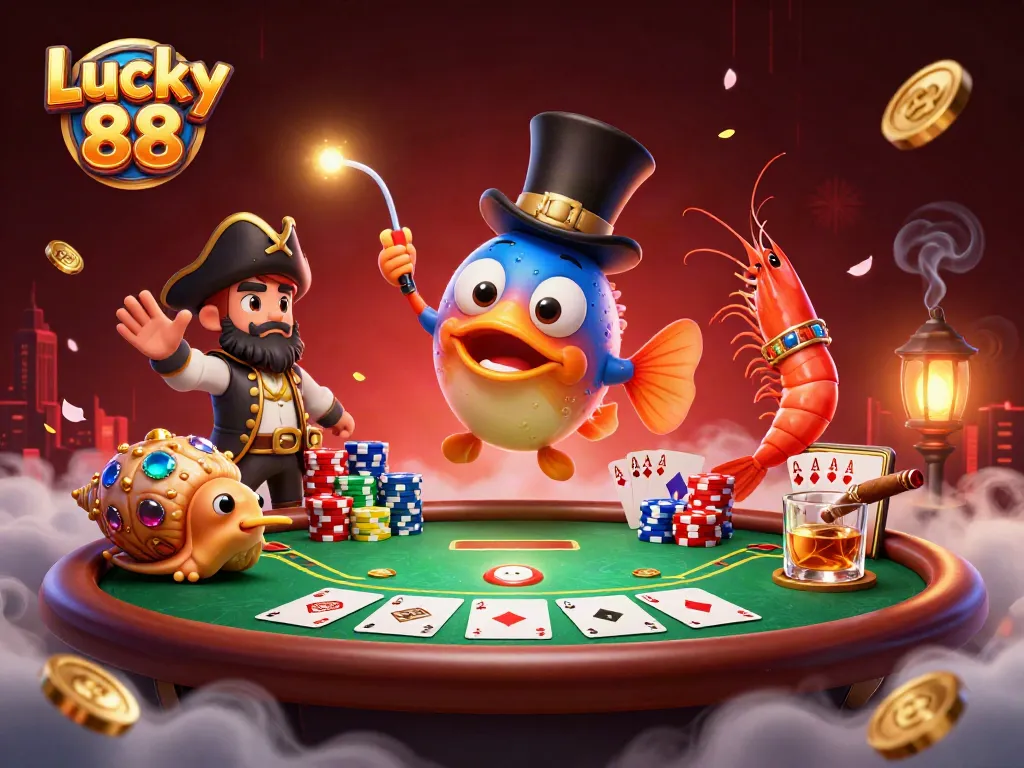 Experience exhilarating gameplay with Lucky 88, featuring animated sea creatures, poker elements, and vibrant casino excitement.