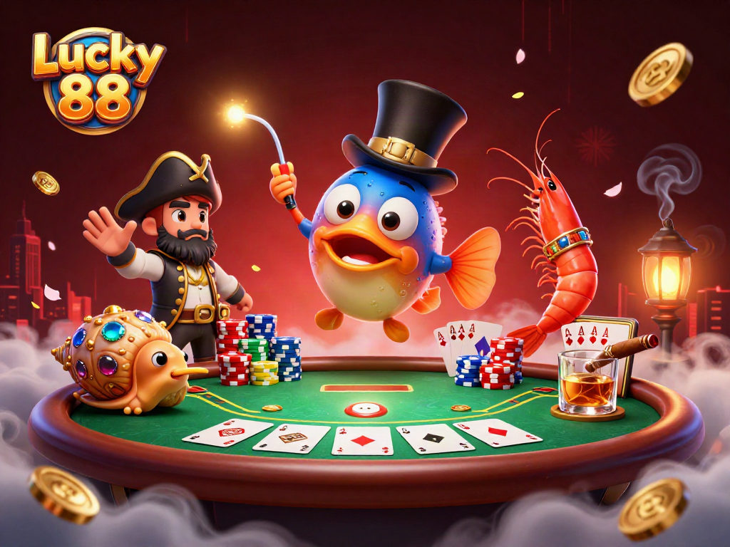 Experience exhilarating gameplay with Lucky 88, featuring animated sea creatures, poker elements, and vibrant casino excitement.