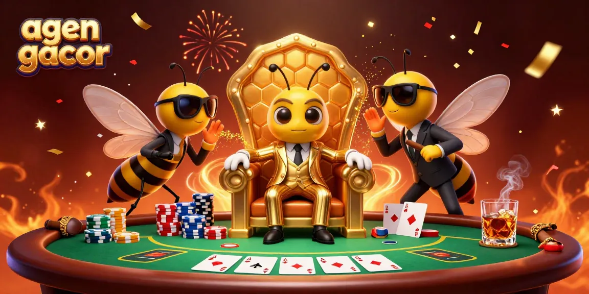 Play with agen gacor at a vibrant poker scene featuring a bumblebee mob boss and lavish casino elements.