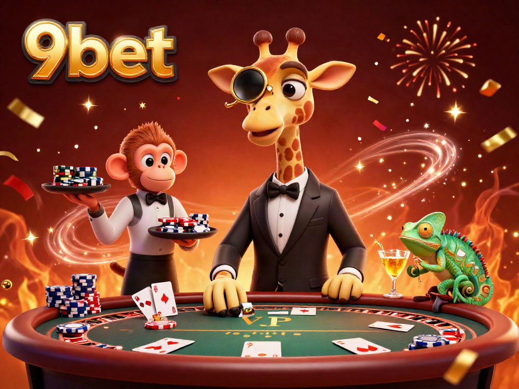 Join the excitement at 9bet with a lively illustration of a giraffe and friends celebrating at a poker table!