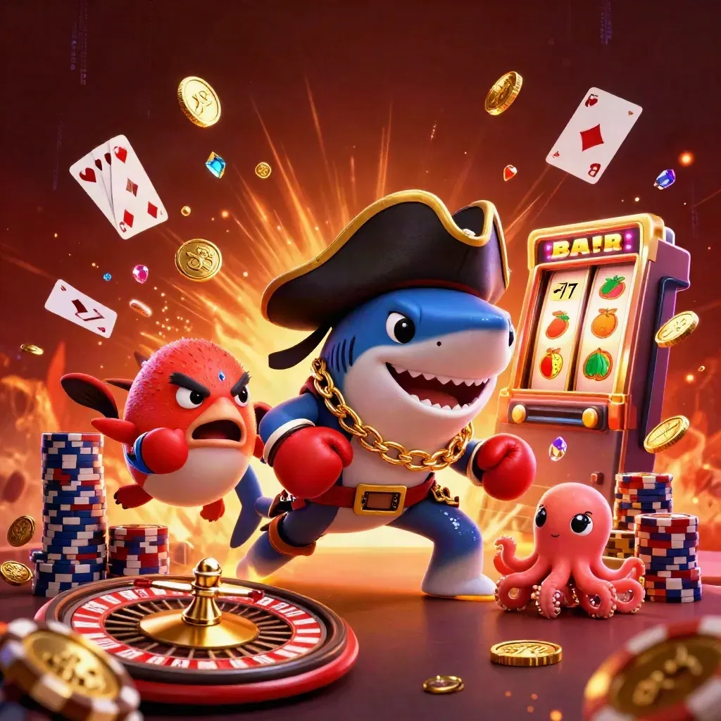 Pirate shark, boxing pufferfish, and baby octopus amid casino treasure and neon casino effects.