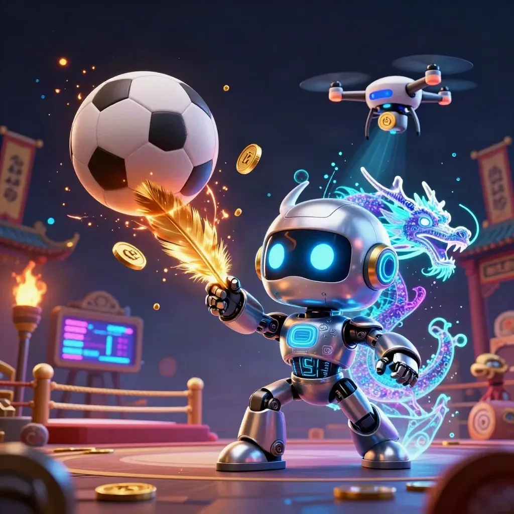 Cyberpunk robot, holographic dragon, drone, soccer and basketball with casino glow