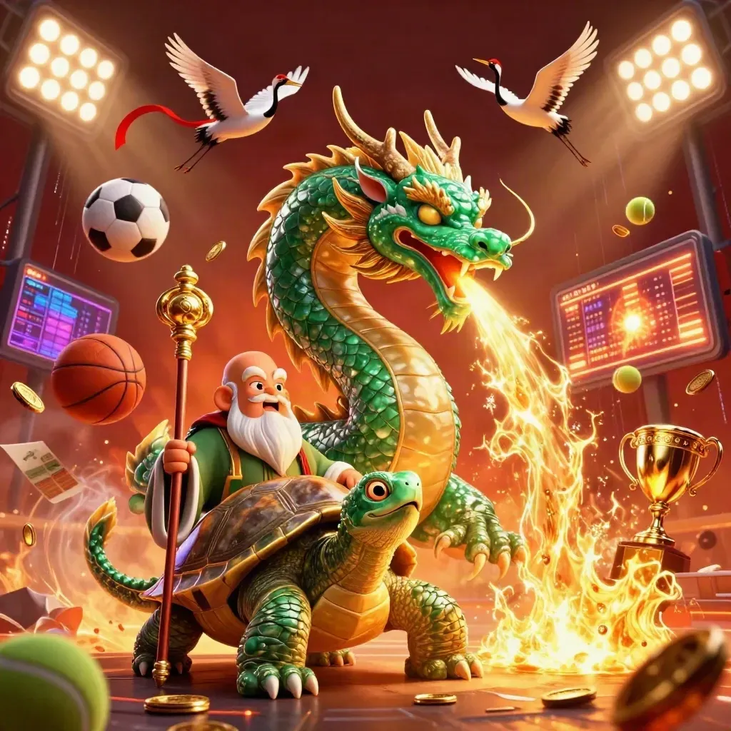 Fantasy sports-frenzy with dragon, turtle sage, cranes, and flying balls in ember-gold stadium light.