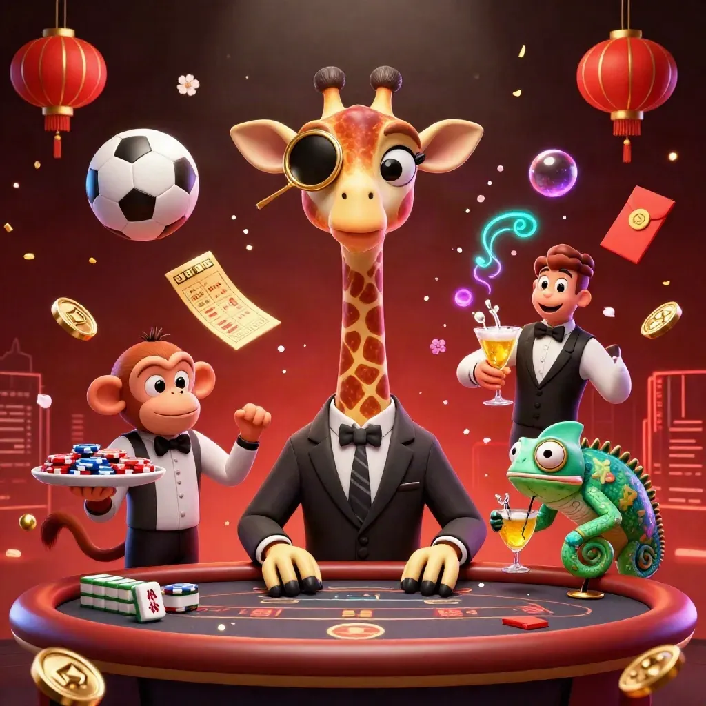 Giraffe, monkey, and chameleon at a glowing VIP poker table amid casino and sports betting effects.