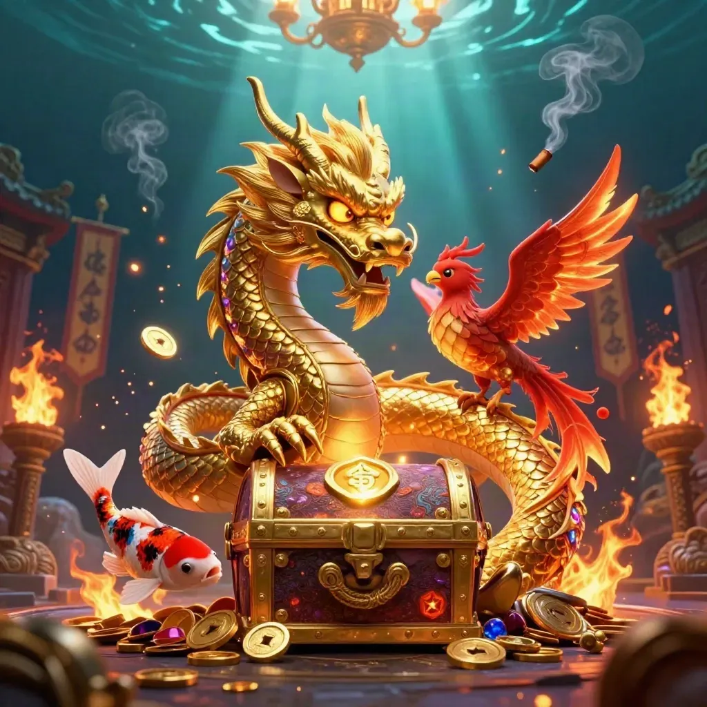 Golden dragon, red phoenix, and koi in a luxe casino scene with coins, temple gate, and ember glow.