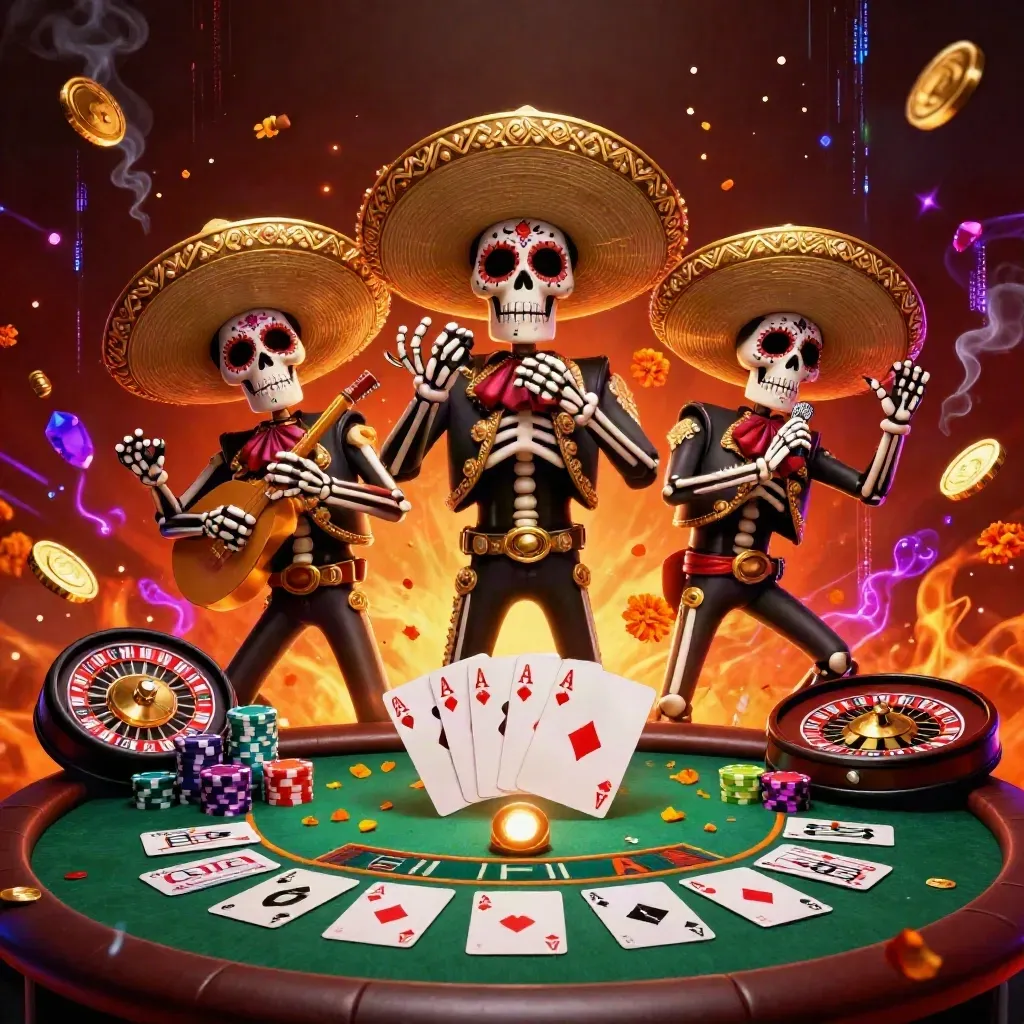 Skeleton mariachi trio amid casino cards, chips, roulette wheel, and glowing ember-lit luxury.