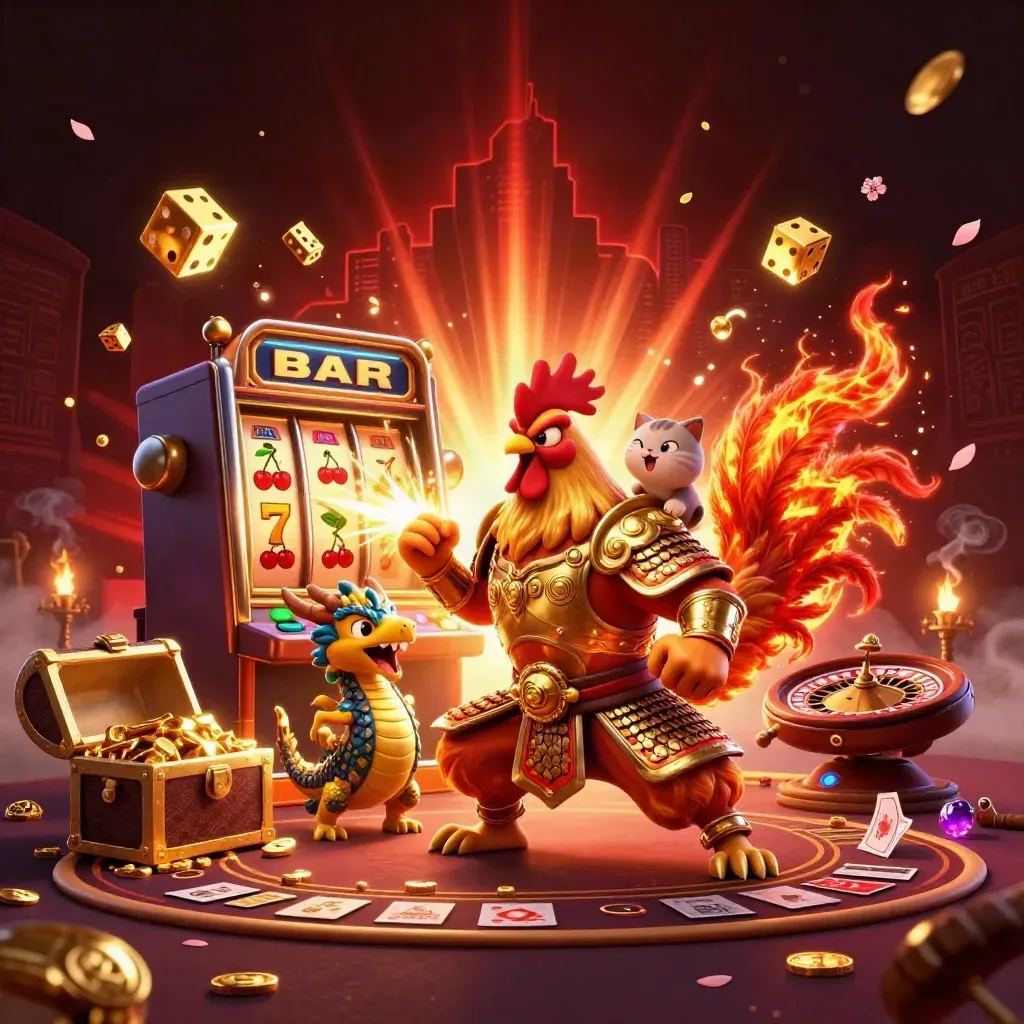 Rooster warrior, dragon hatchling, and fortune cat in a glowing casino burst with slots, gold, and smoke.