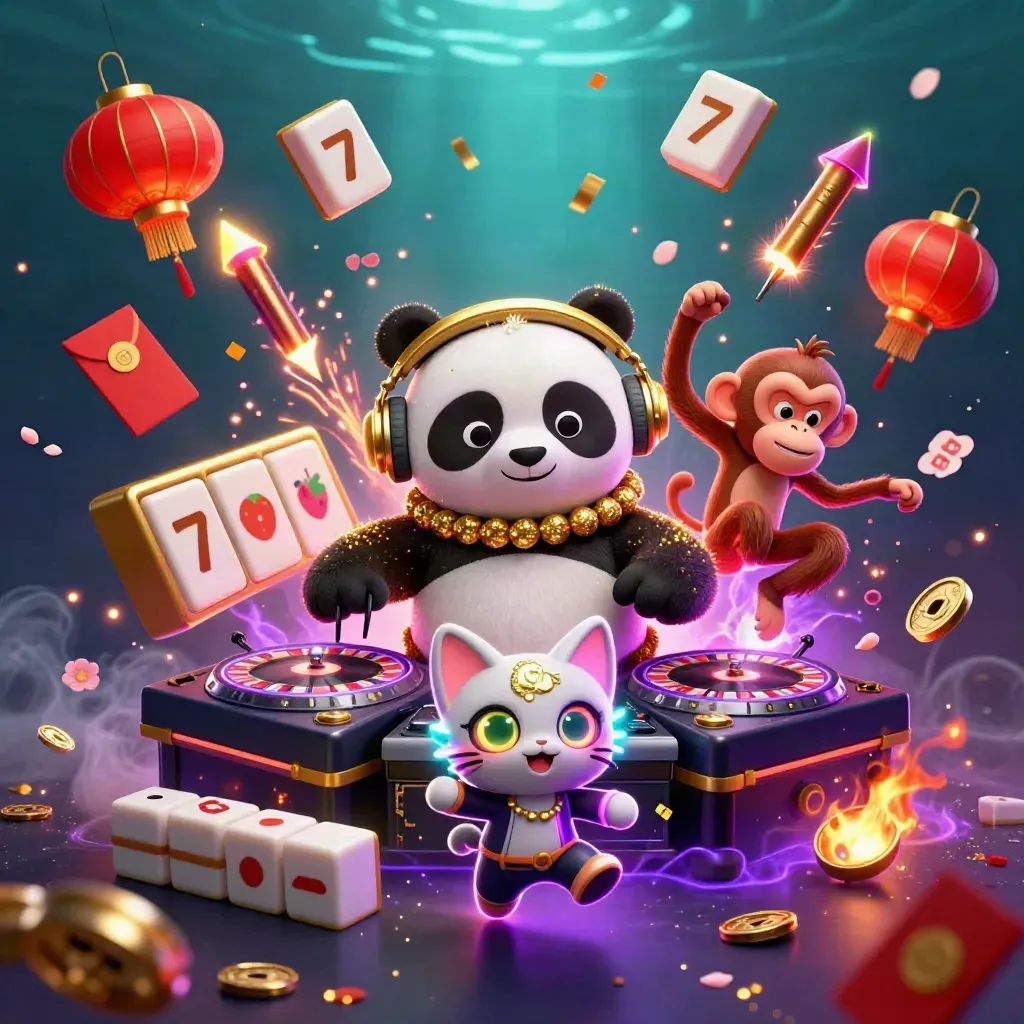 DJ panda, breakdancing monkey, and glow kitten blast coins, lanterns, and neon casino magic.