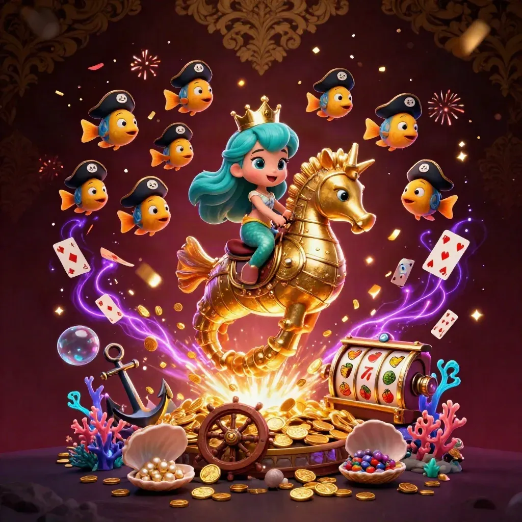 Mermaid princess on armored seahorse amid treasure, cards, fish, confetti, and violet casino glow.
