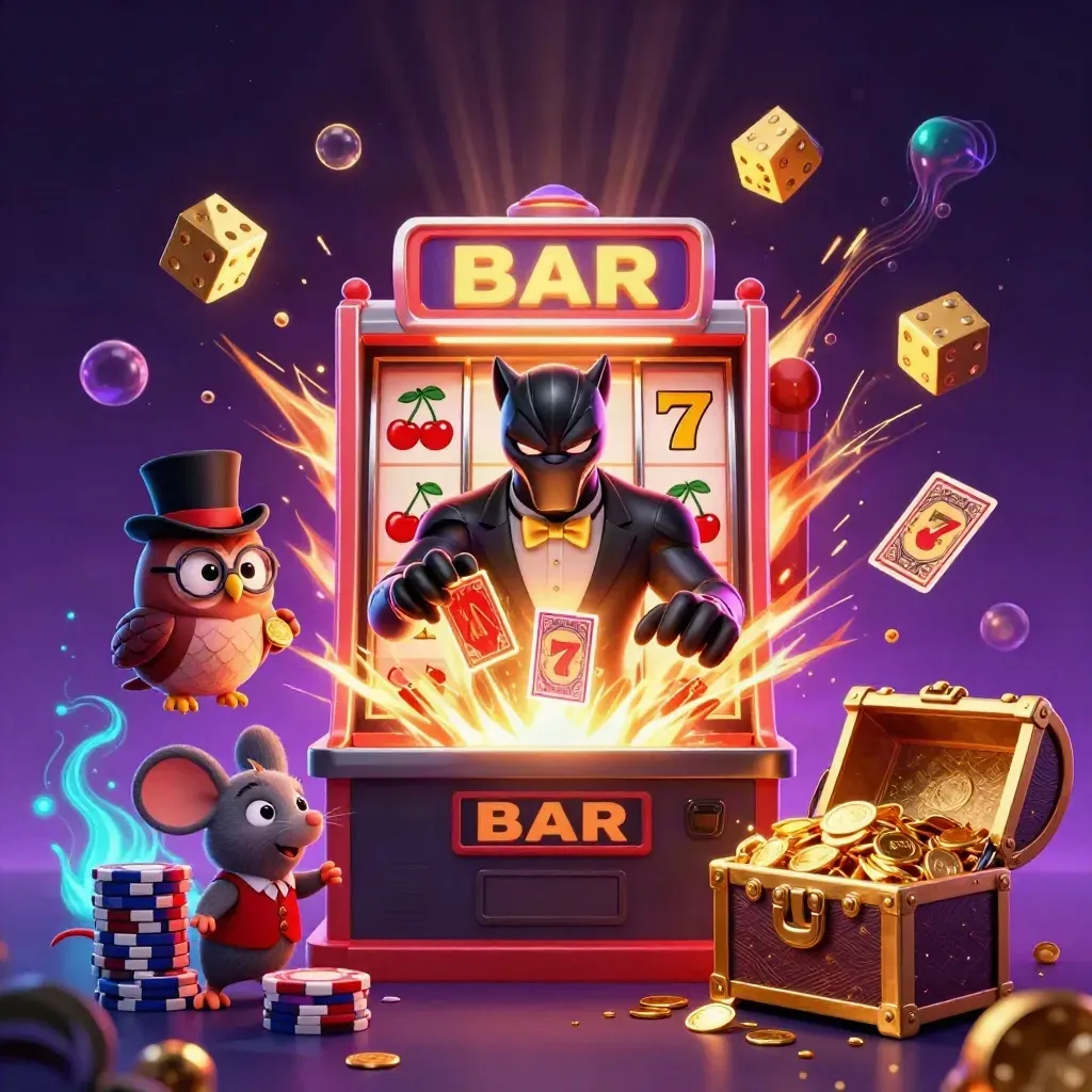 Panther, owl and mouse around a bursting slot machine with gold, chips and glowing dice.