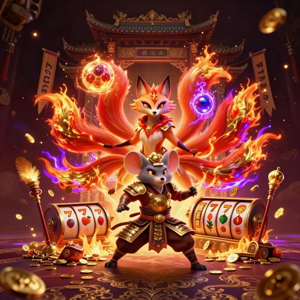 Nine-tailed fox spirit and golden samurai mouse amid casino treasure, temple gate, and violet glow.