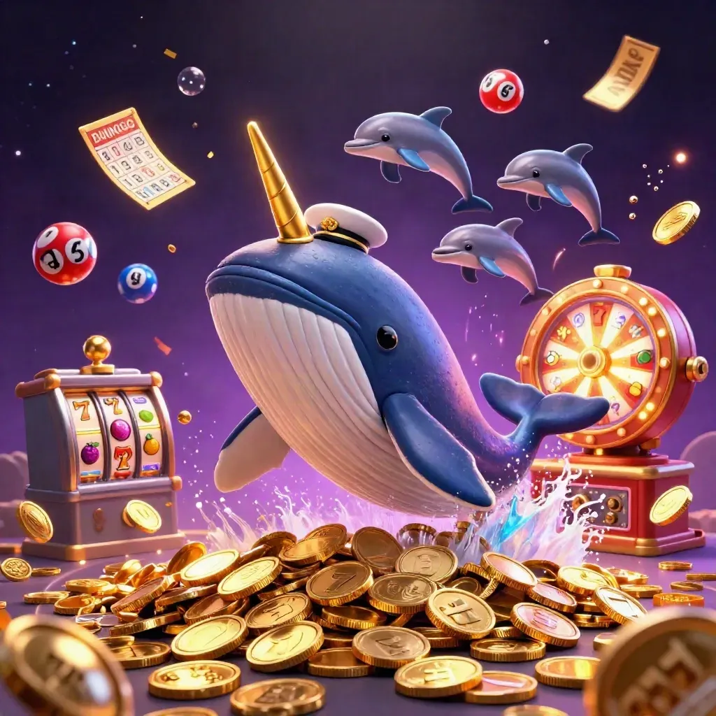 Whale captain, narwhal, and dolphins burst through coins amid casino riches and neon glow.