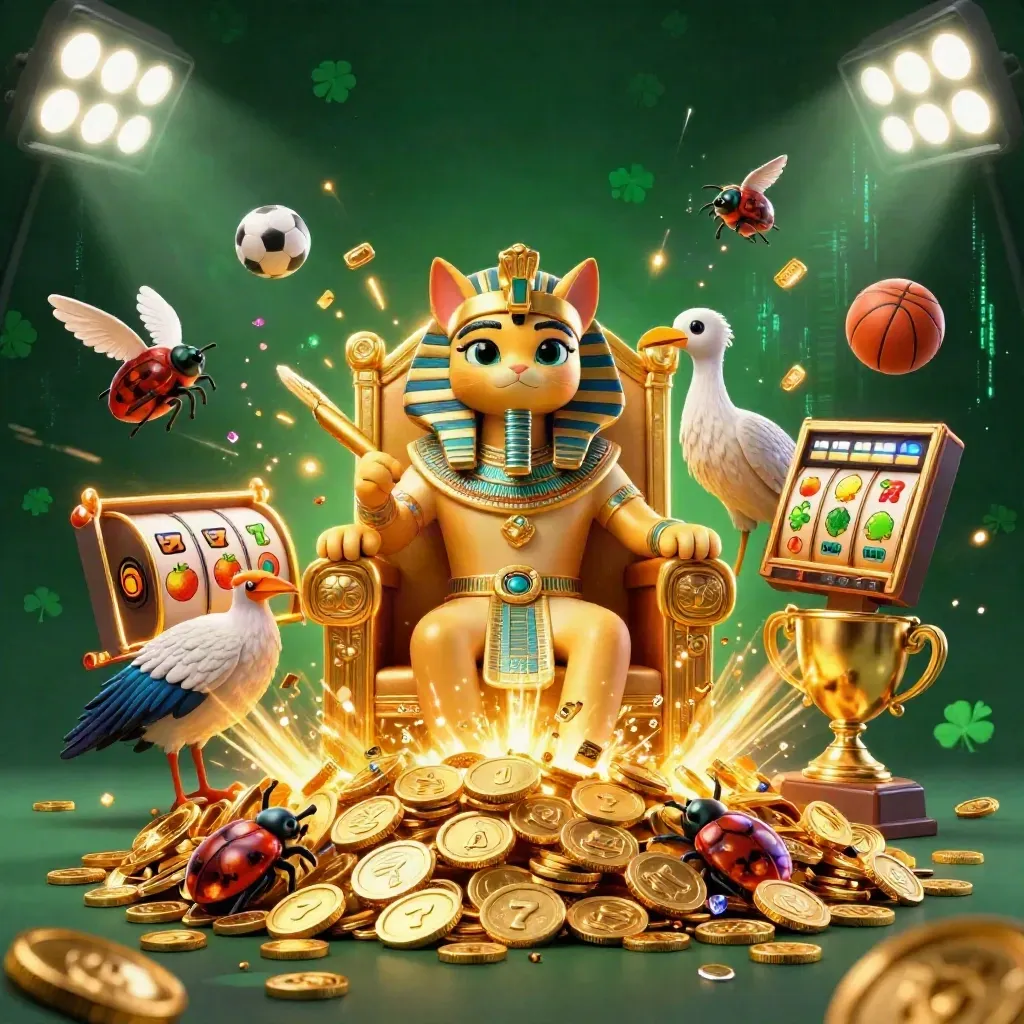 Pharaoh cat, ibis scribe and gem-wing scarabs amid coins, sports balls, trophy and neon casino glow.
