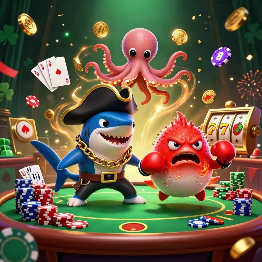 Pirate shark, boxing pufferfish, and coin-juggling octopus over casino chips and cards.